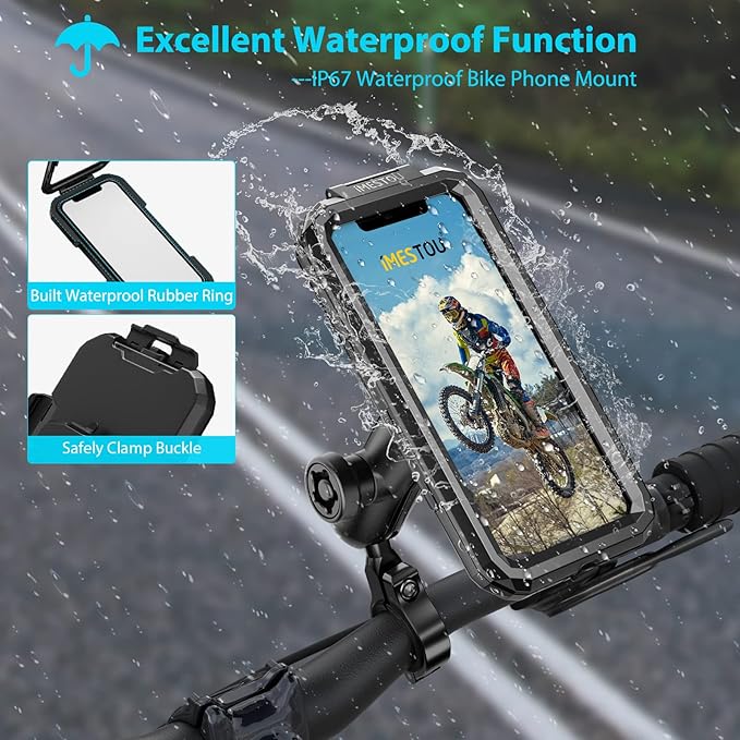 iMESTOU Anti-Theft Waterproof Motorcycle Phone Holder Bike Phone Mount 1" Ball Handlebar Stem Mobile Holder with Double Socket Arms 720° Rotation Aluminium Base for 5.5"-6.8" Cellphones (L)