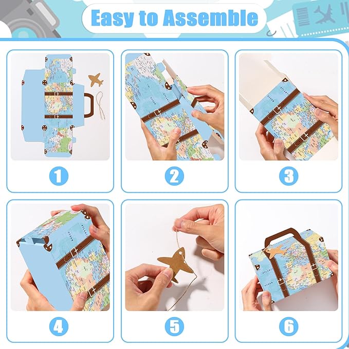 12Pcs Large Suitcase Party Favor Boxes Travel The Map Paper Treat Box with Tags Birthday Supplies Travel Theme Candy Goodie Gift Boxes for Birthday Baby Shower Wedding Adventure Party Table Decoration