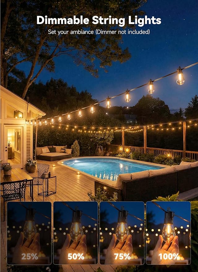 Minetom 53FT Outdoor String LED Patio Lights Waterproof, 24 Shatterproof S14 Vintage Edison Bulbs,Commercial Grade Outside Hanging Lights Waterproof for Porch Deck Garden Backyard Balcony Cafe Bistro