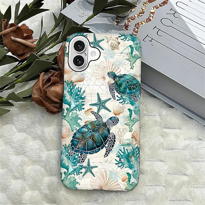 for iPhone 16 Plus Case,HH2 Ocean Sea Turtle Nautical Map Hybrid 2 Layer Hard Shell Silicone Protective Pattern Design Case