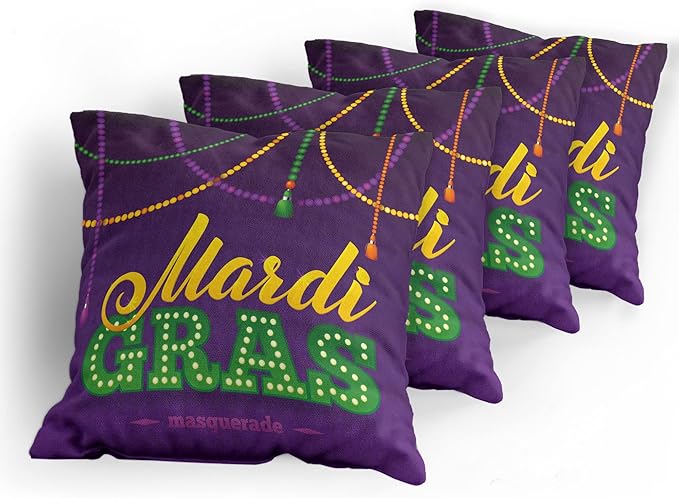 Ambesonne Mardi Gras Throw Pillow Cushion Case Pack of 4, Beads and Tassels Masquerade Theme Calligraphy Design Fun Print, Modern Accent Double-Sided Digital Printing, 18", Purple Marigold