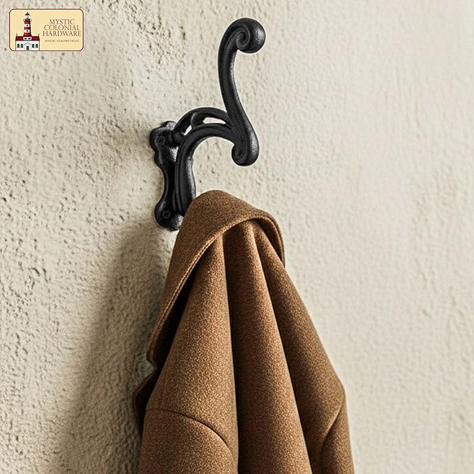 Mystic Colonial Rustic Cast Iron Wall Hooks Heavy Duty Vintage Utility Hooks for Hanging Coat, Bag, Towel, Robe, Hat & More Decorative Wall Mount Hanger, Pack of 2, Black