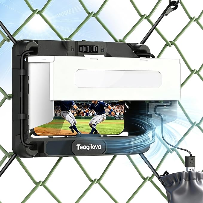 Phone Fence Mount with Shade & Cooling Fan - Gamechanger Streaming Kit for Baseball, Softball & Tennis - No Fence Bars in Frame (Phone Closer & Wider View)