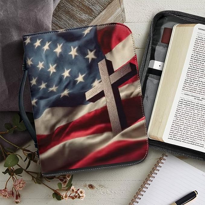 Large Bible Cover Case for Women Men American Flag and Cross PU Leather Bible Case with Bookmark Church Bag Book Carrying Case Bible Cover for Women Men Bible Case for Men Women