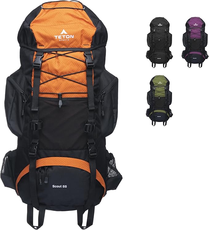 Teton 55L Scout Internal Frame Backpack for Hiking, Camping, Backpacking, Travel, Rain Cover Included, Burnt Orange