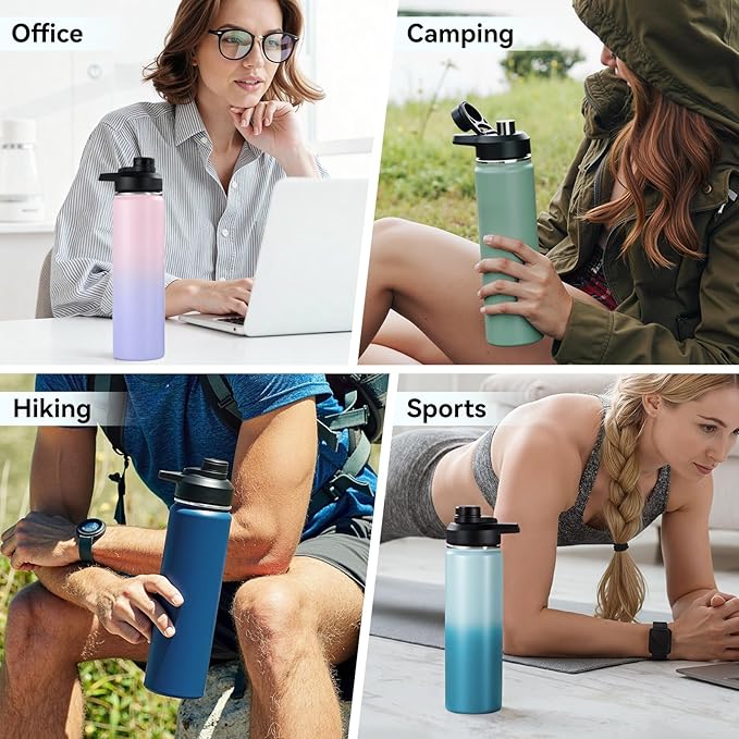 Fijinhom 24 oz Insulated Water Bottle with Handle, 304 Stainless Steel Water Bottles with Wide Mouth, Double Wall Vacuum Sports Water Bottle, BPA Free, Keep Cold and Hot, Forest Green