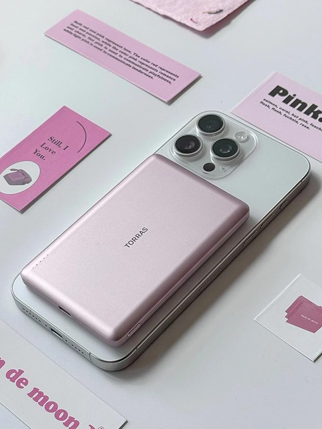 TORRAS MiniMag Power Bank, Ultra Slim 5,000mAh Wireless Portable Charger with USB-C Cable, Fast Charging iPhone Air MagSafe Battery Pack, Compatible Charger for iPhone 17/16/15/14/13/12, Azalea Pink