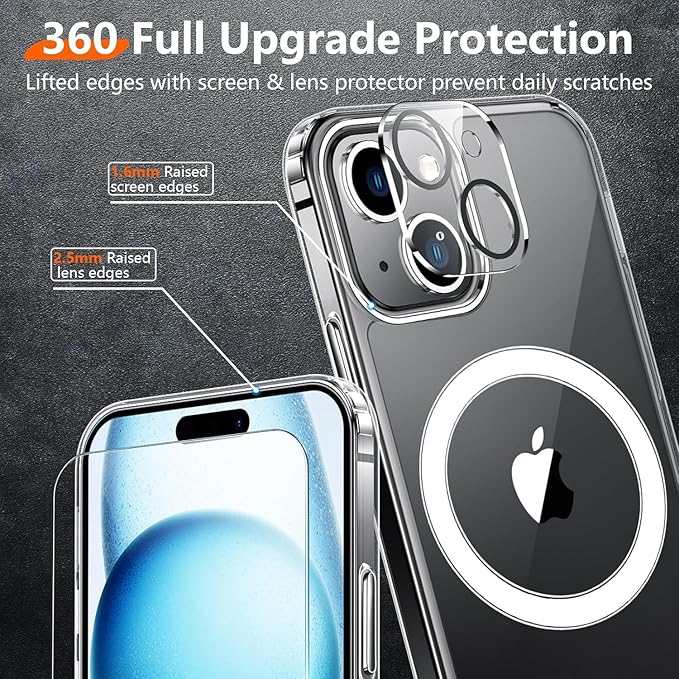 Red2Fire Magnetic for iPhone 15 Plus Case for iPhone 14 Plus Case Clear, [Compatible with Magsafe][2X Glass Screen Protector+Camera Lens Protector] [Not Yellowing] Slim Phone Case 6.7 inch - Clear