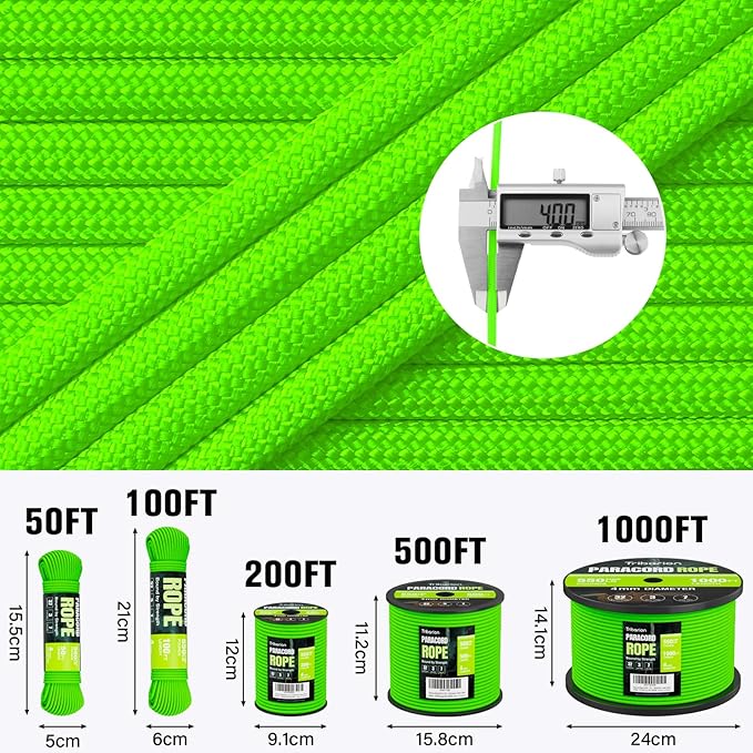 Paracord Rope 550 lb - 200ft 5/32" Parachute Cord 4MM 7-Strand para Cord - Heavy Duty Spool String for Survival,Camping Gear, Survival Bracelet, Clothesline - Neon Green