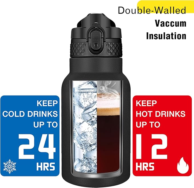 Han's Bottle Kids Water Bottle with Straw Lid - Insulated Stainless Steel Reusable Tumbler for Girls,Boys,Thermo Mug,12oz,Black