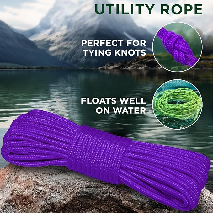 TECEUM Rope – 90 Feet x 1/4 Inch (7mm) – Purple – Strong All-Purpose Utility Rope – Camping, Crafting, Flag Pole, Indoor & Outdoor – Polypropylene Nylon Poly Lightweight Diamond Braided Cord