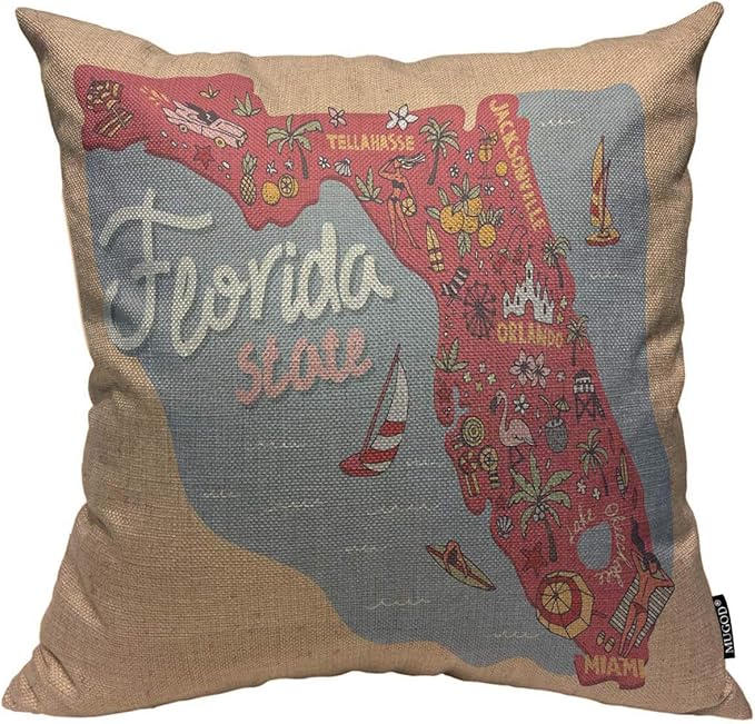 Mugod Florida Map Throw Pillow Cover Travel and Attractions Map of The State of USA Florida Decorative Square Pillow Case for Home Bedroom Living Room Cushion Cover 18x18 Inch