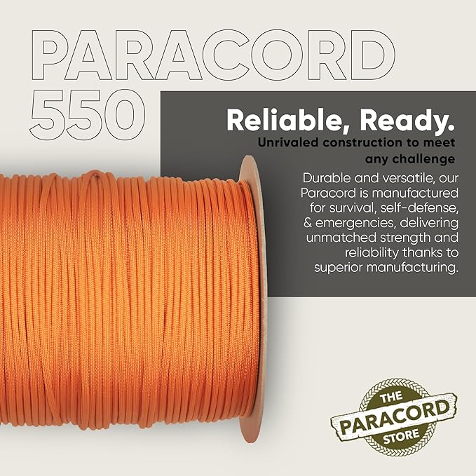 The Paracord Store | Type III 550 Paracord - 1000 FT Spool, International Orange | Heavy Duty 7 Strand Tactical Paracord - USA Made Nylon Outdoor Parachute Cord for Camping, Fishing - Survival Cord