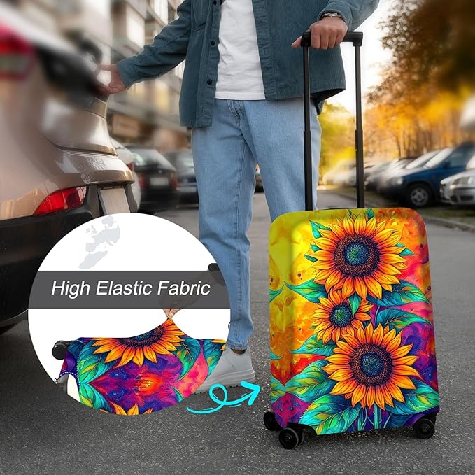 Luggage Cover Protector for 30-32 Inch Suitcases, TSA Approved Elastic Travel Suitcase Covers, Anti-Scratch Washable Luggage Sleeve for Carry On & Checked Bags, Three Sunflowers