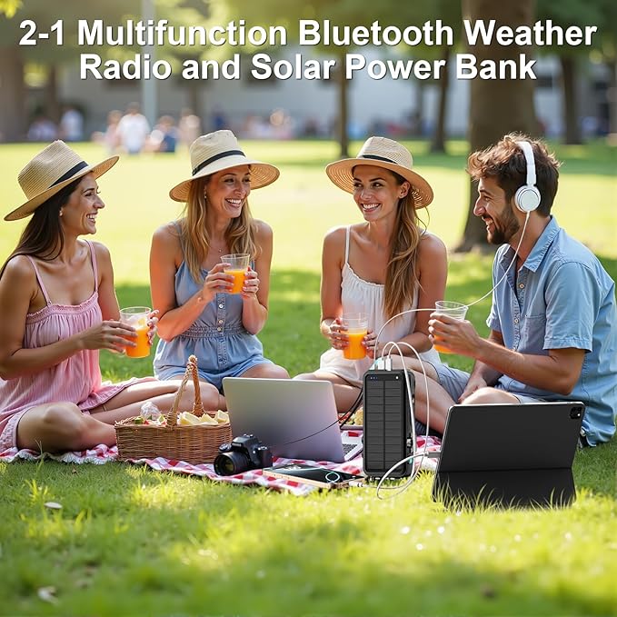 Emergency Radio&22000mAh Solar Power Bank, FM NOAA Weather Radio, Portable Hand Crank Bluetooth Radio, 20W Fast Charge Wireless Phone Charger, SOS Flashlight for Emergency/Home (Blue)