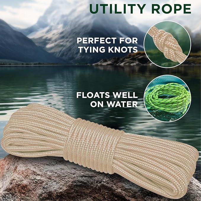 TECEUM Rope – 90 Feet x 1/4 Inch (7mm) – Beige – Strong All-Purpose Utility Rope – Camping, Crafting, Flag Pole, Indoor & Outdoor – Polypropylene Nylon Poly Lightweight Diamond Braided Cord