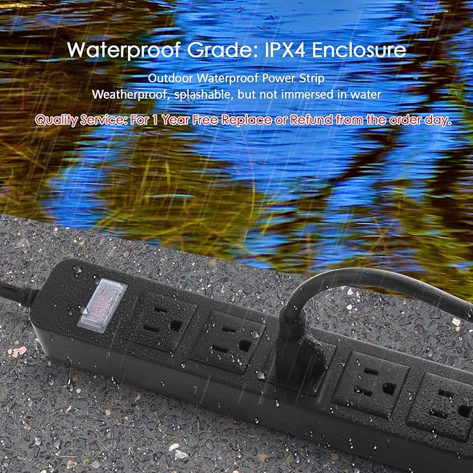 Outdoor Power Strip Waterproof with 5 Outlets, Garden Weatherproof Surge Protector, Christmas Multiple Outlet Exterior Socket for Lighting Appliances. 5FT Extension Cord Strip with Flat Plug. Black