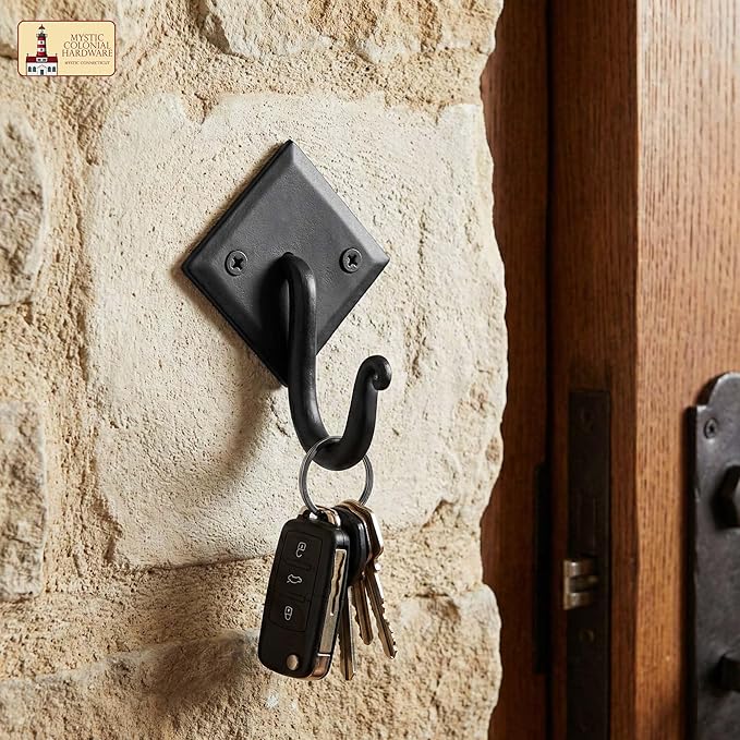 Mystic Colonial Rustic Cast Iron Wall Hooks, 3.6" Heavy Duty Coat Hooks for Coat, Bag, Towel, Hat & Robe, Mounting Hardware Included, Black, Pack of 10