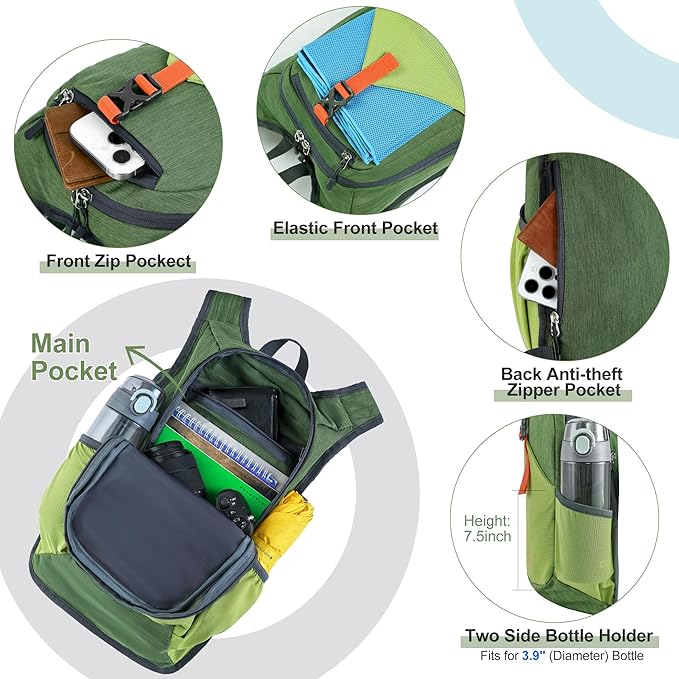 FIORETTO 20L Hiking Backpack for Women Men Mini Packable Backpack Lightweight Small Daypack for Camping Travel Outdoor, Green