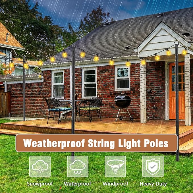 NUERPO 7 Pack String Light Poles,Metal Poles for Hanging Outdoor Light Strings,7 Pack 10 FT Light Poles Stand for Outside Garden,Patio,Wedding,Backyard,Deck,Party