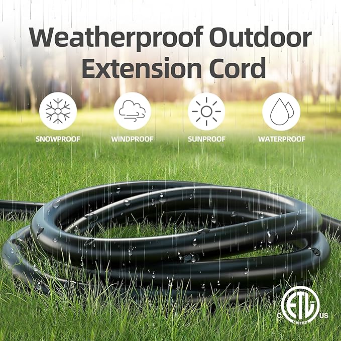 TiFFCOFiO Indoor Outdoor Extension Cord Waterproof, 15 Feet 3 Prong Power Cord for Home and Garden, 16 AWG, 13A/1625W, ETL Listed