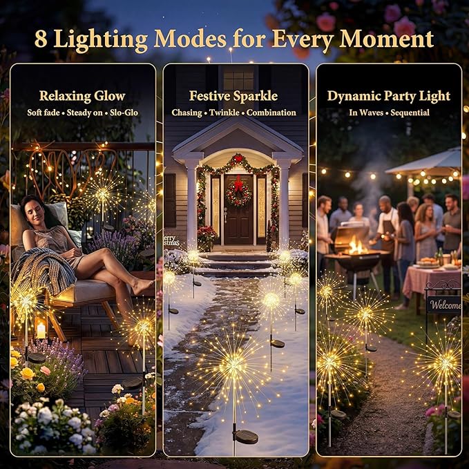 Solar Firework Lights, 6 Pack 120 LEDs 8 Lighting Modes Twinkle Solar Garden Lights Outdoor Waterproof for Yard Patio Walkway Pathway Party Wedding Balcony Decorative - Girts for Women Mom