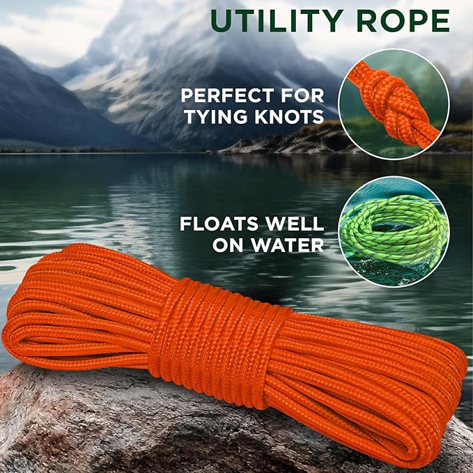 TECEUM Rope – 90 Feet x 3/8 Inch (10mm) – Orange – Strong All-Purpose Utility Rope – Camping, Crafting, Flag Pole, Indoor & Outdoor – Polypropylene Nylon Poly Lightweight Diamond Braided Cord