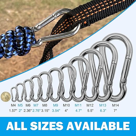 304 Stainless Steel Carabiners -2.36 inch Heavy Duty, Durable & Rust-Free Clips for Gym, Swing, Dog Leashes, Hammocks, Keychains, and More(304,M6,Pack of 6)