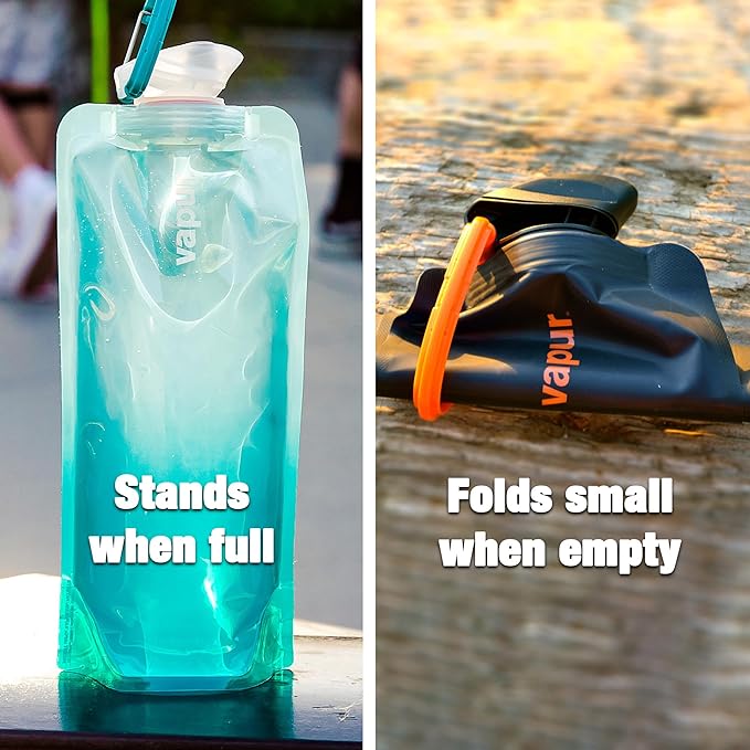 Vapur Collapsible Water Bottle With Carabiner, Compact Bottle Folds Flat For Hydration On The Go, Ideal for Traveling, Hiking or Camping, 34 Ounce, Blue, Pack of 1
