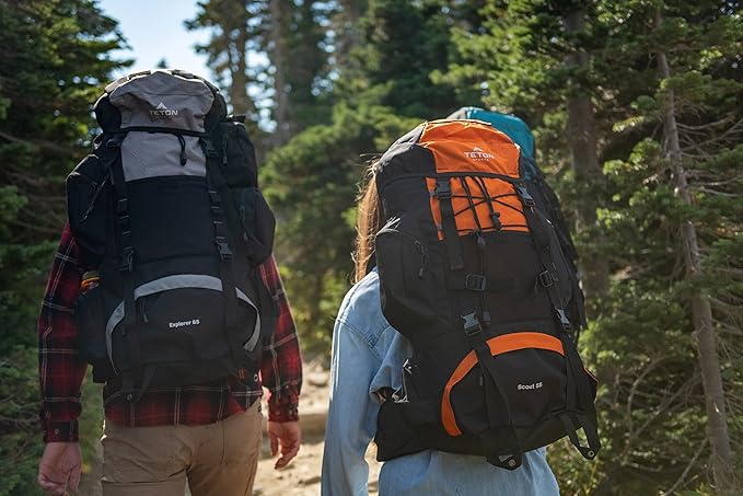 Teton 65L Explorer Internal Frame Backpack for Hiking, Camping, Backpacking, Rain Cover Included, Huckleberry