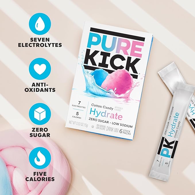 Pure Kick Hydration Singles To Go Drink Mix, Cotton Candy, Includes 12 Boxes with 6 Packets in each Box, 72 Total Packets