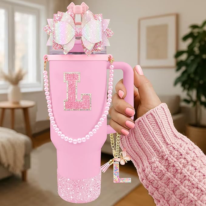 9PCS Pink for Stanley Cup Accessories Set Bling Initials Bow Charms for Stanley Decorations 30/40 Oz Tumbler Accessories Including Bow Straw Topper, Handle Strap, Spill Stopper（Letter L）