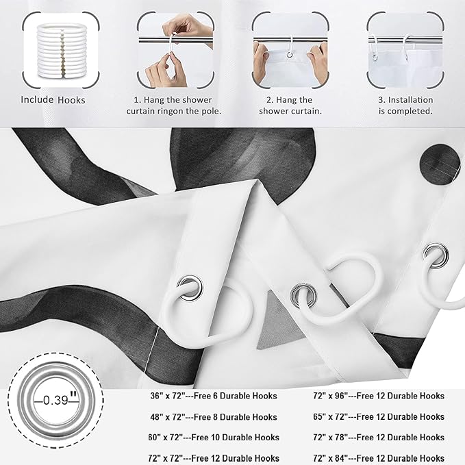Black Bow Shower Curtain, Black and White Modern Aesthetic Bowknot with Polka Dot Cute Girly Bathroom Curtain Waterproof Fabric Machine Washable with Hooks, 72" Wx84 L