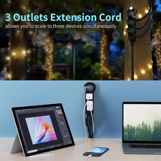 Energeaster 16/3 25 Ft 3 Outlet Extension Cord Outdoor Waterproof, Black Extension Cords with Multiple Outlets, 3 Prong with Multi Outlet Outside 13A 1625W 16AWG SJTW, ETL Listed