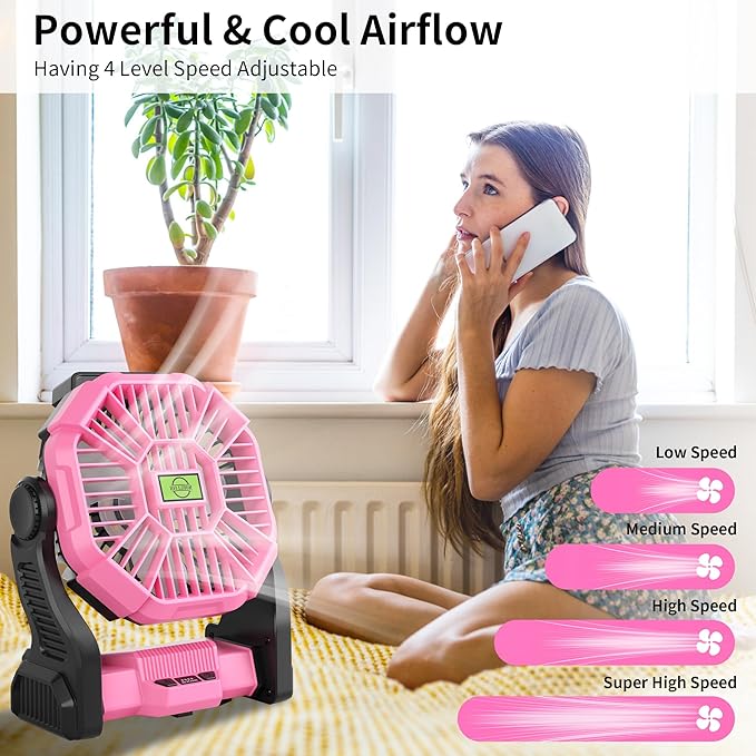 Portable Fan Rechargeable Camping Essentials, Cordless Camping Fan Battery Powered with Led Lights & 360°Hook, USB Battery Operated Fans for Women,4 Speeds Tent Portable for Traveling X23 Pink