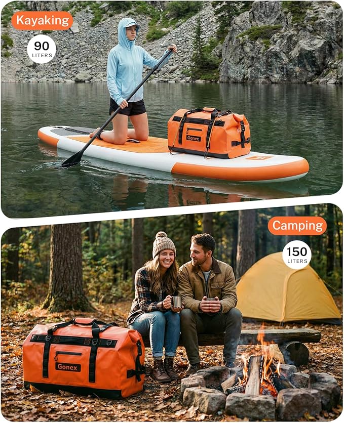 Gonex Waterproof Duffel Bag, 120L Heavy Duty Dry Duffle Bag with Reinforced Thickened Bottom, 3-in-1 Convertible Large Travel Backpack for Kayaking, Motorcycle, Camping & Boating, Orange