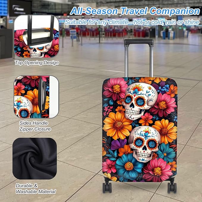 Luggage Cover Protector for 22-24 Inch Suitcases, TSA Approved Elastic Travel Suitcase Covers, Anti-Scratch Washable Luggage Sleeve for Carry On & Checked Bags, Sugar Skulls