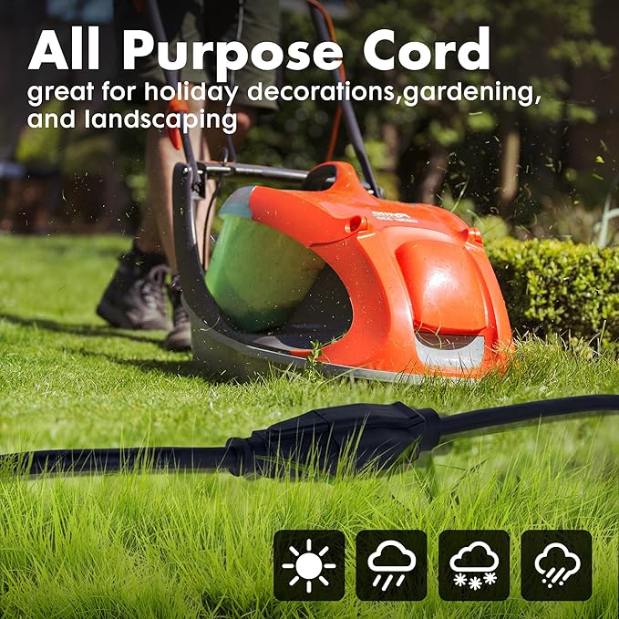 20ft Black Outdoor Extension Cord Waterproof, UL Listed, 16/3 SJTW Heavy Duty 3 Prong, 16 Gauge 13A Power Cord Ideal for Indoor Outdoor Lights, Appliances, and Lawn