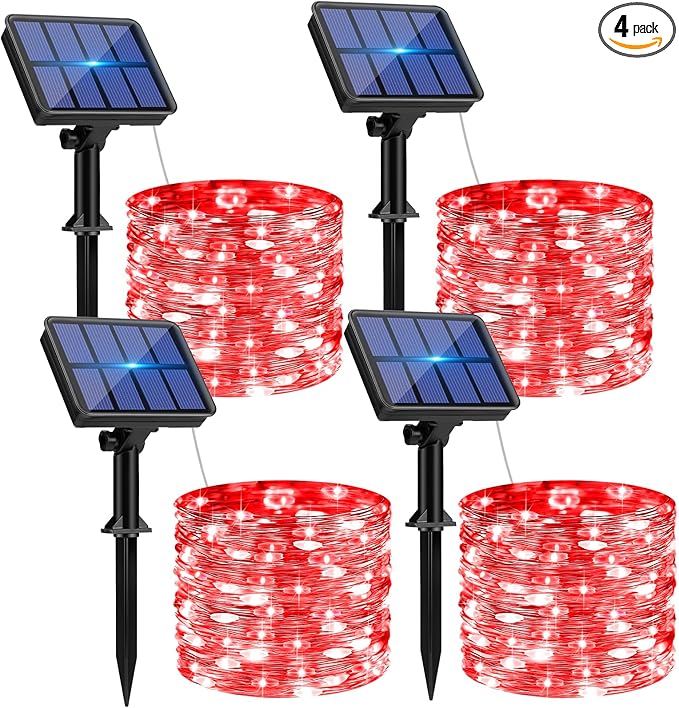 btfarm 4 Pack Solar String Lights Outdoor - 320LED 132FT Solar Fairy Lights Outside Waterproof 8 Modes, Copper Wire Solar Powered Twinkling Lights for Tree Garden Christmas Wedding Party Decor, Red