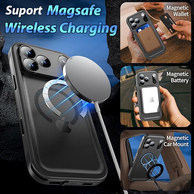 SPORTLINK for iPhone 17 Pro Case - IP68 Waterproof Military Protective Full Body Heavy Duty Shockproof 360 Sealed Dustproof with Camera Screen Protector Phone Cover for iPhone 17 Pro 6.3" Mag/Black