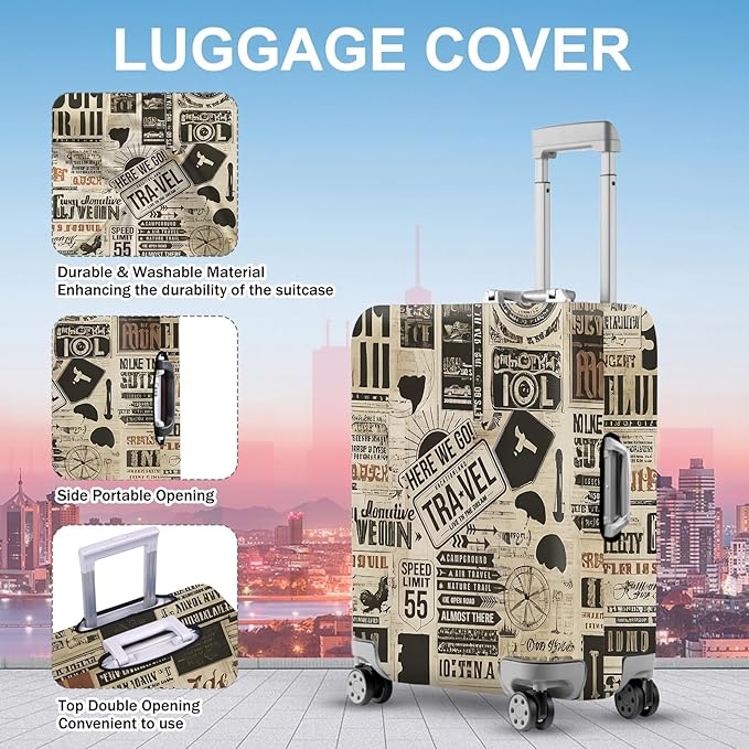 ANNA QUEEN Vintage Travel Collage Luggage Cover, Retro Suitcase Protector, Stretchable Washable Cover for 24-26 Inch Luggage