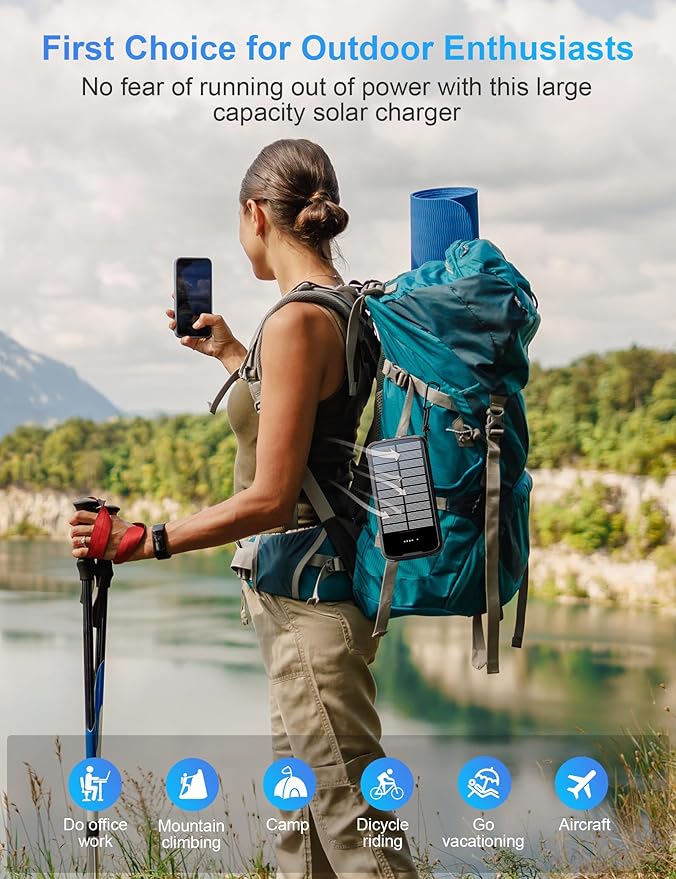 Solar Charger Power Bank, PD 20W Fast Charging External Batter, 40000mAh Portable Phone Charger Built in 4 Cables with Dual Bright Flashlights for Camping, Hiking, and Outdoor Use (Black)