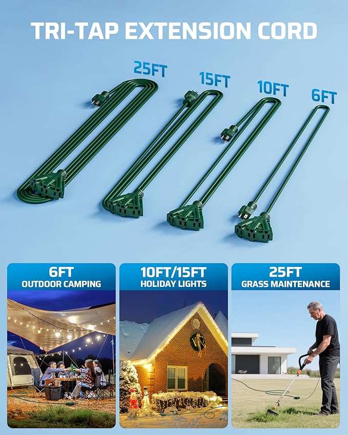 DEWENWILS 10FT Outdoor Extension Cord, Green Extension Cord 13A/1625W, 16/3 SJTW Power Cable with Multiple Outlet Weatherproof Decor Landscaping String Lights, ETL Listed, 1 Pack