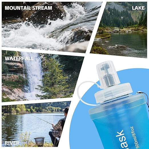 AXEN Collapsible Water Bottle with Filter System, Soft Hydration Flask for Trail Running, Camping, Hiking, Cycling, 700ml Blue