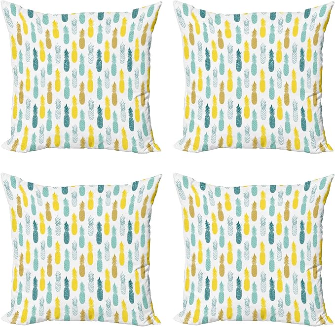 Ambesonne Pineapple Decorative Throw Pillow Case Pack of 4, Tropical Pattern of Exotic Fruit Silhouettes on a Plain Background, Cushion Cover for Couch Living Room Car, 18", White Multicolor