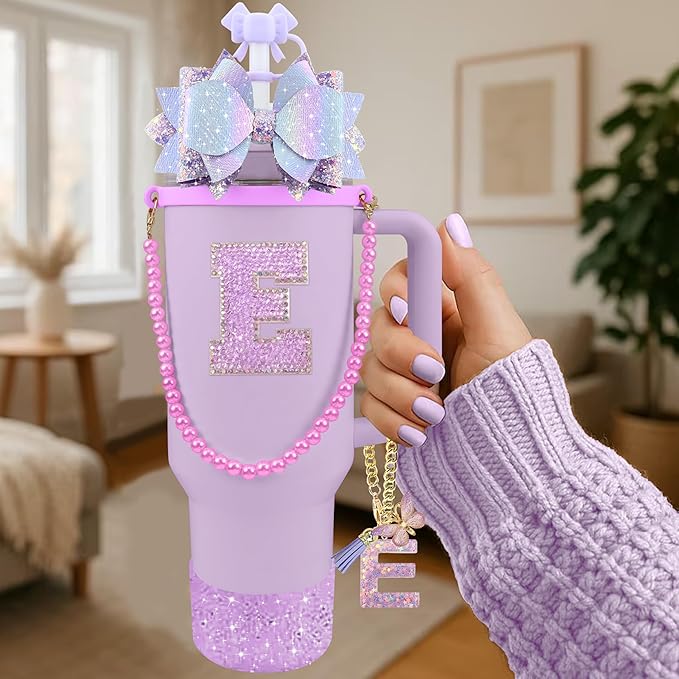 9PCS Purple for Stanley Cup Accessories Set Bling Initials Bow Charms for Stanley Decorations 30/40 Oz Tumbler Accessories Including Bow Straw Topper, Handle Strap, Spill Stopper（Letter E）