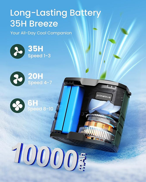 10000mAh Portable Waist Rechargeable Fan,Clip on Belt Fan With 10 Speeds 16000PRM Strong Airflow,Hands-Free Hanging Neck Fan,Long-Lasting Cooling for Camping,Hiking,Outdoor,Jobsite,Green