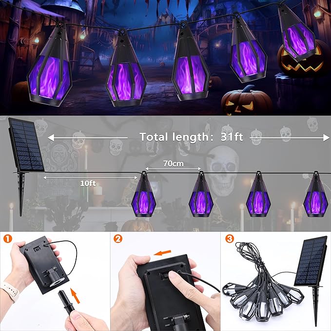 Solar String Lights for Outside, 21Ft Solar Patio Lights with 10 Flickering Flame Light Bulbs, Waterproof Purple Solar Powered Outdoor Lights for Garden Yard Patio Gazebo Bistro Cafe Porch Party Decor