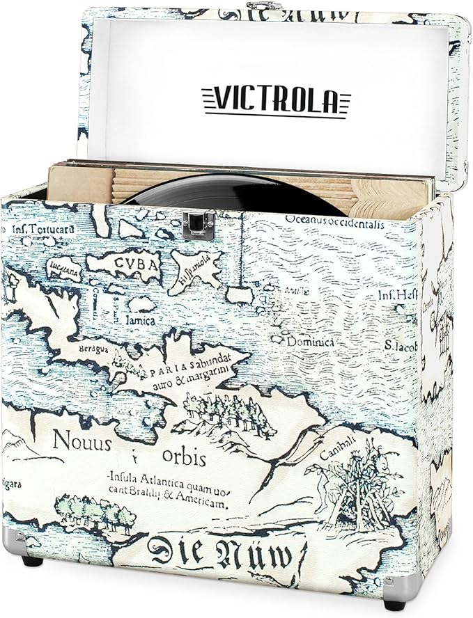 Victrola Collector – Record Storage Case – Holds 30+ Vinyl Turntable Records, Heavy-Duty Hardware, Hinges, & Smart Metal Corners, Portable with Easy-Carry Handle (Retro Map)