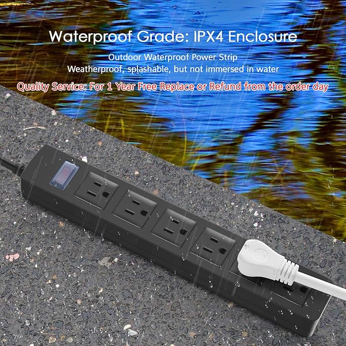 Outdoor Power Strip Waterproof with 6 Outlets, Garden Weatherproof Surge Protector, Christmas Multiple Outlet Exterior Socket for Lighting Appliances. 6FT Extension Cord Strip with Flat Plug. Black